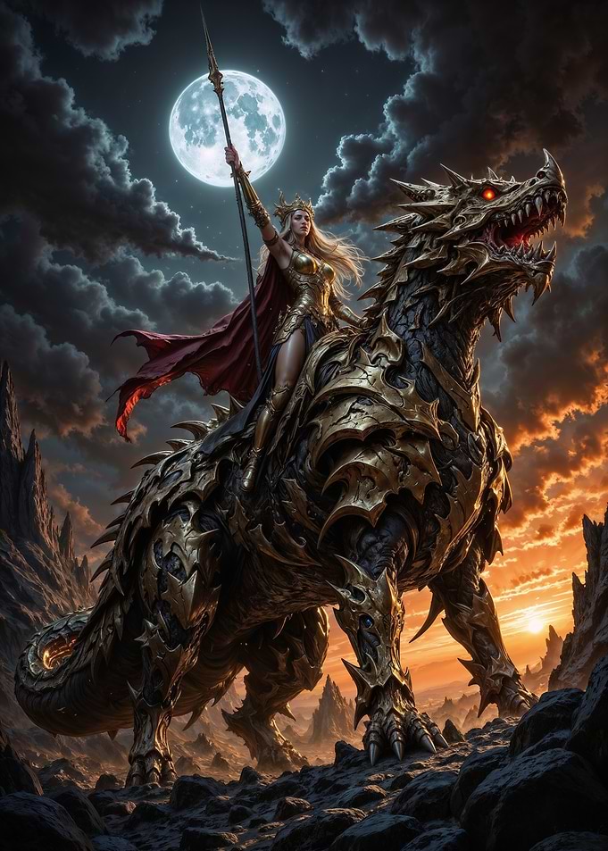 Warrior Queen Riding Dragon Under Moonlight