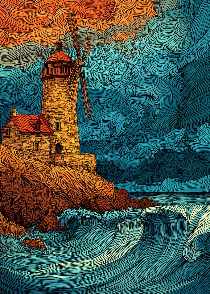 Lighthouse and Windmill by the Sea