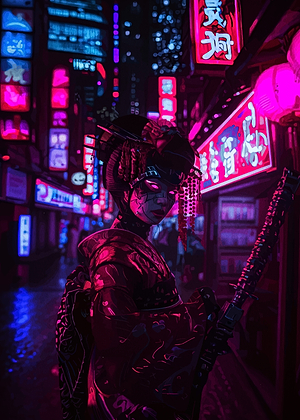 Cyberpunk Geisha in Neon Cityscape