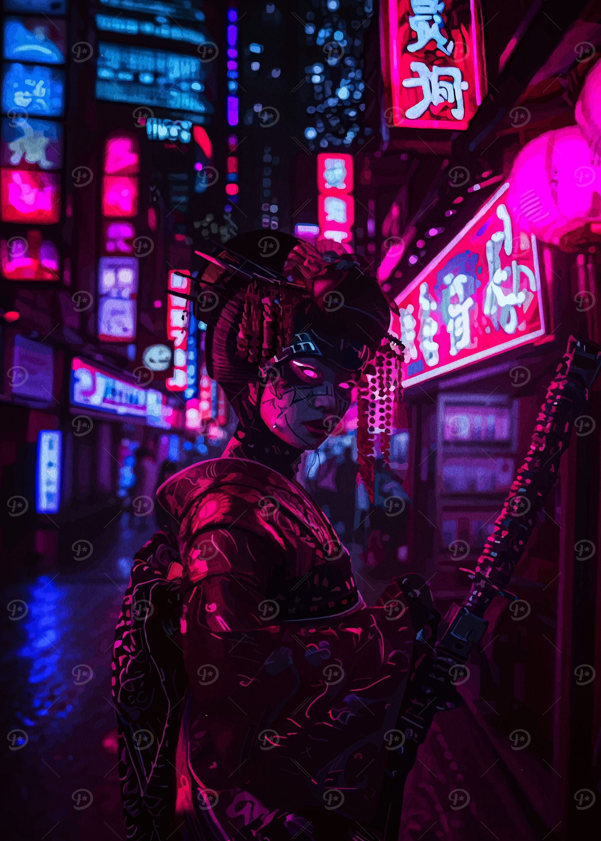 Cyberpunk Geisha in Neon Cityscape