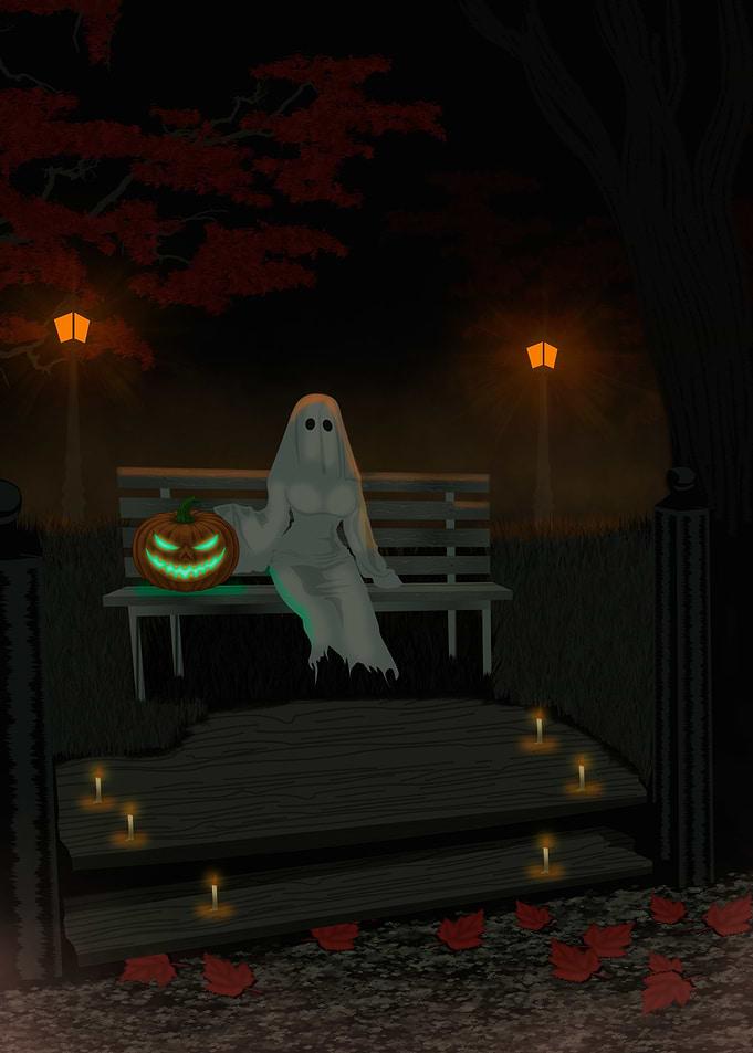 Ghost with Pumpkin on Park Bench