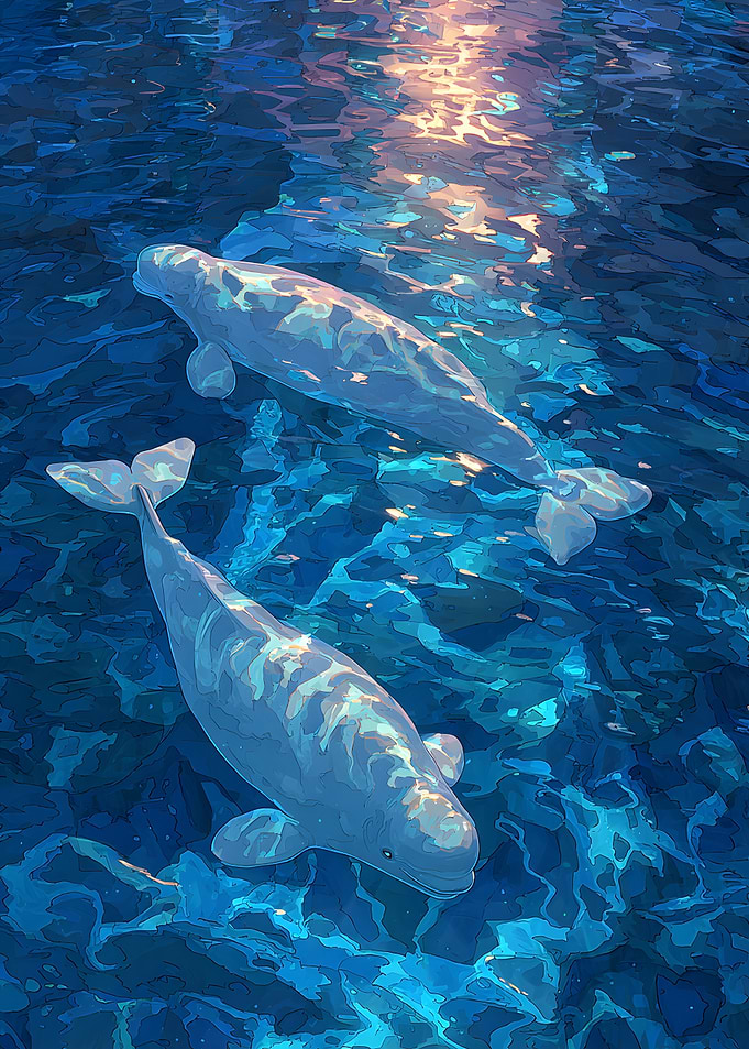 Beluga Whales in Blue Water