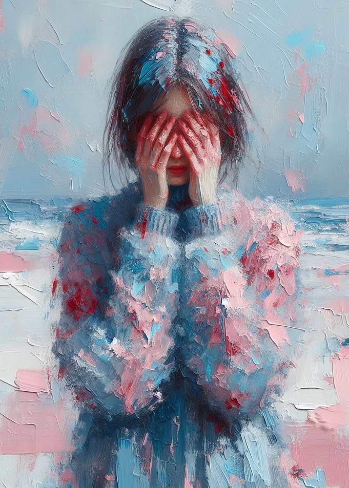 The Breaking Point - Impressionistic Woman Covering Face by Ocean