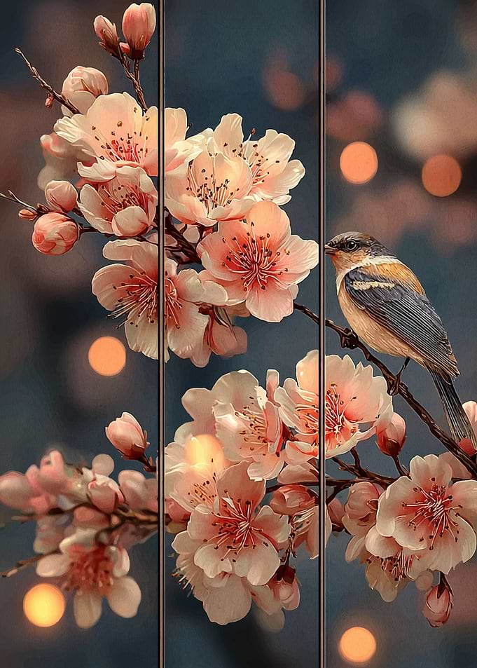 Bird on Cherry Blossom Branch Triptych