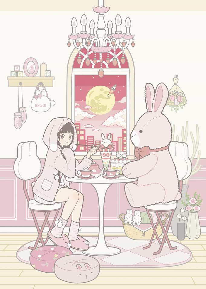 Girl and Bunny Tea Party Illustration