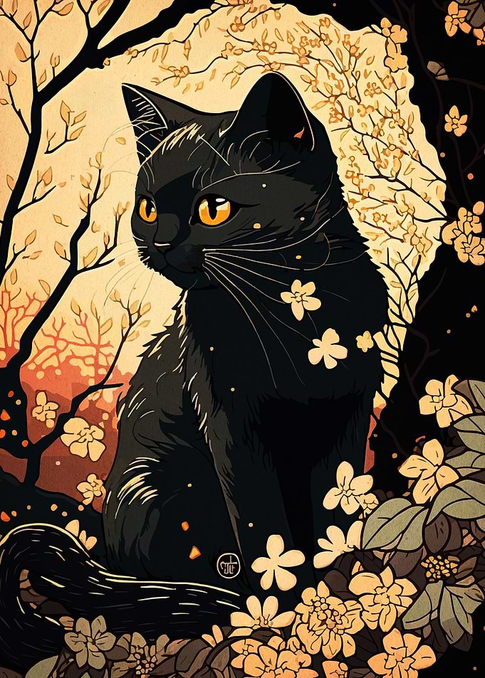 Elegant Black Cat with Floral Accents
