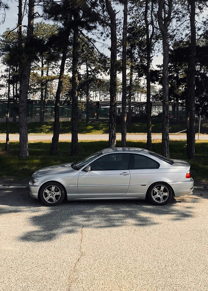 Silver BMW Coupe parked by trees
