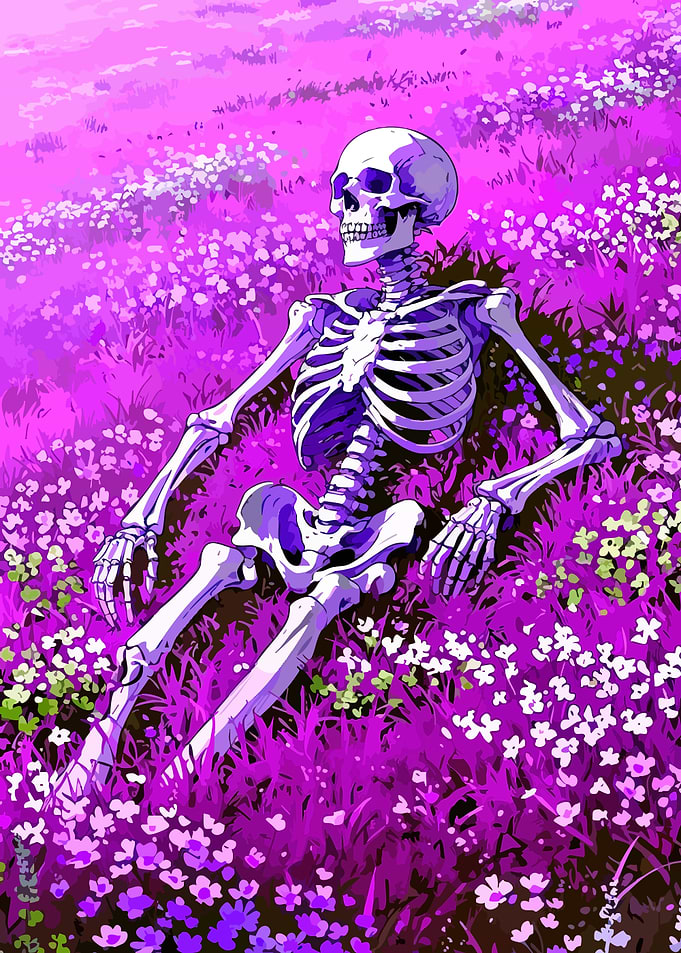 Skeleton in a field of flowers
