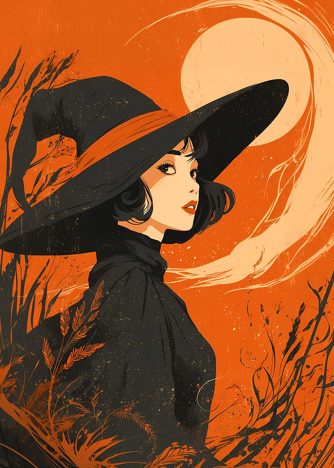 Elegant Anime Witch with Orange Background