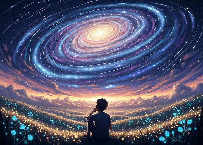 Boy Gazing at Galaxy in Flower Field