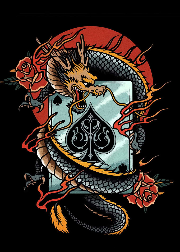 Dragon with Spade Card and Roses