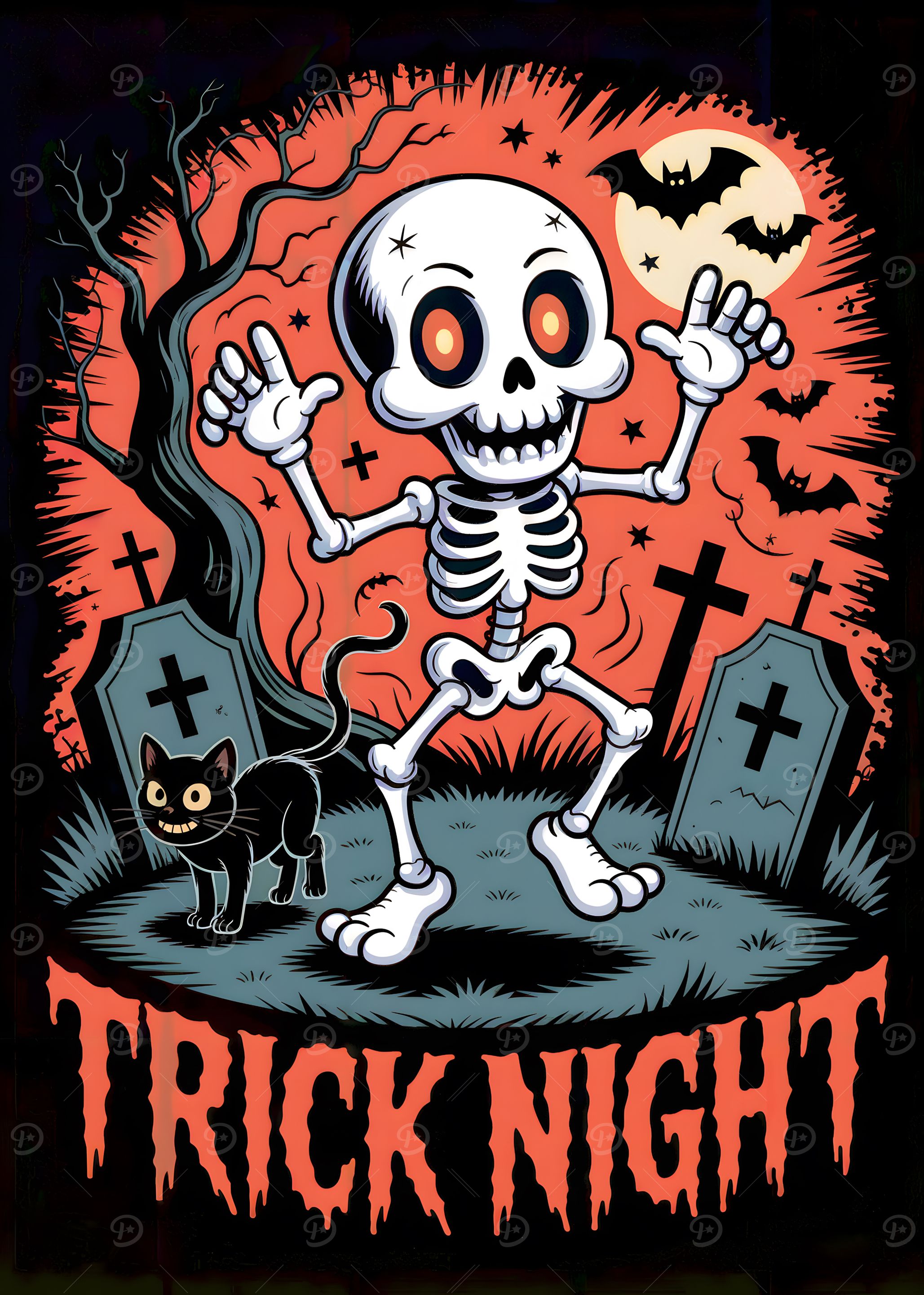 Cartoon Halloween Scene with Skeleton and Cat