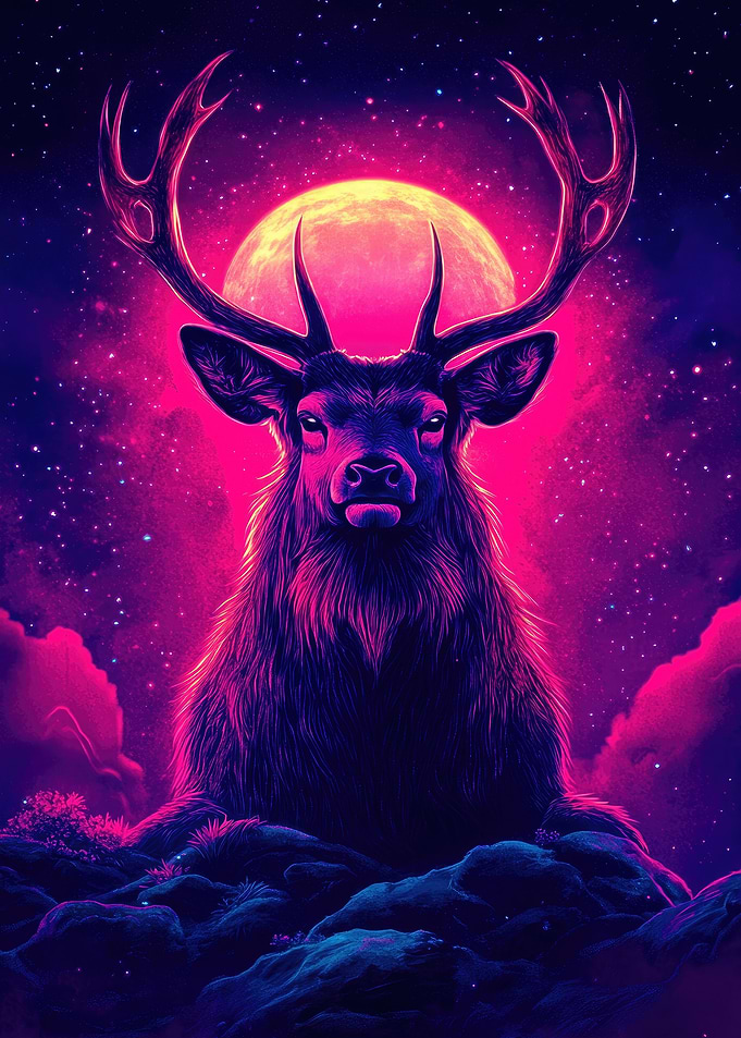 Neon Deer Under a Full Moon