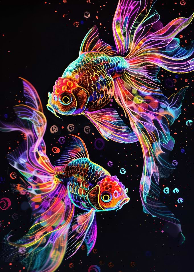 Neon Goldfish Pair on Black
