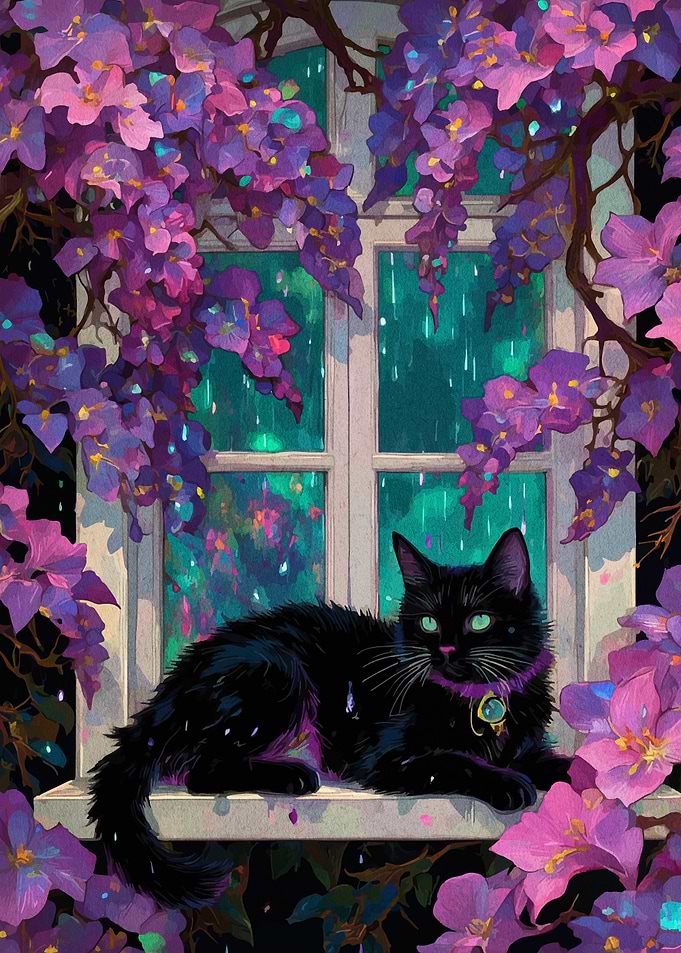 Black Cat in Window with Flowers