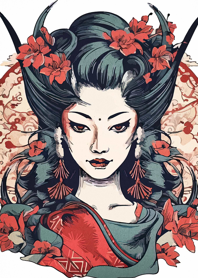Geisha with Horns and Floral Adornments