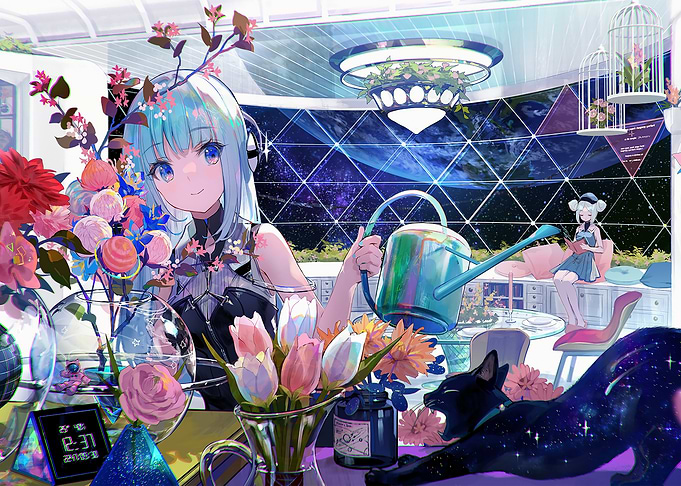 Anime girl watering flowers in space
