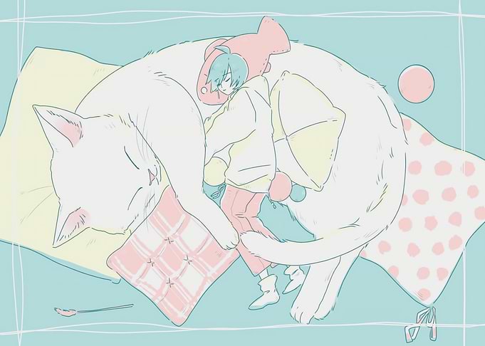 Sleeping with Giant Cat Illustration