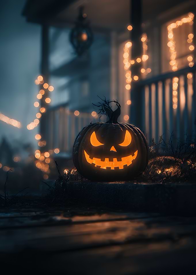 Halloween Pumpkin on Porch at Night