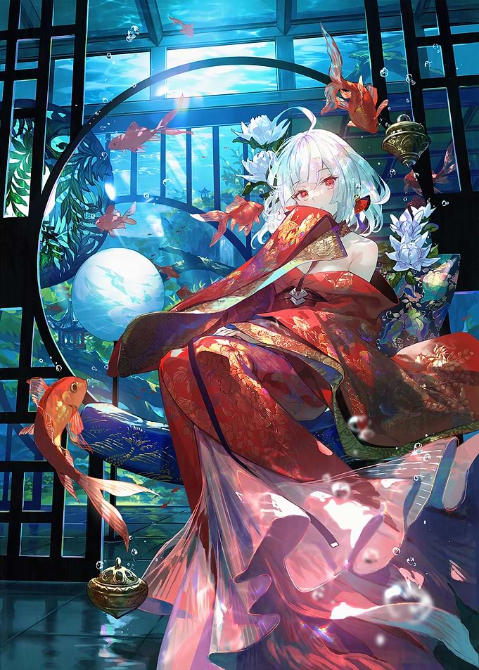 Anime Girl in Kimono with Goldfish