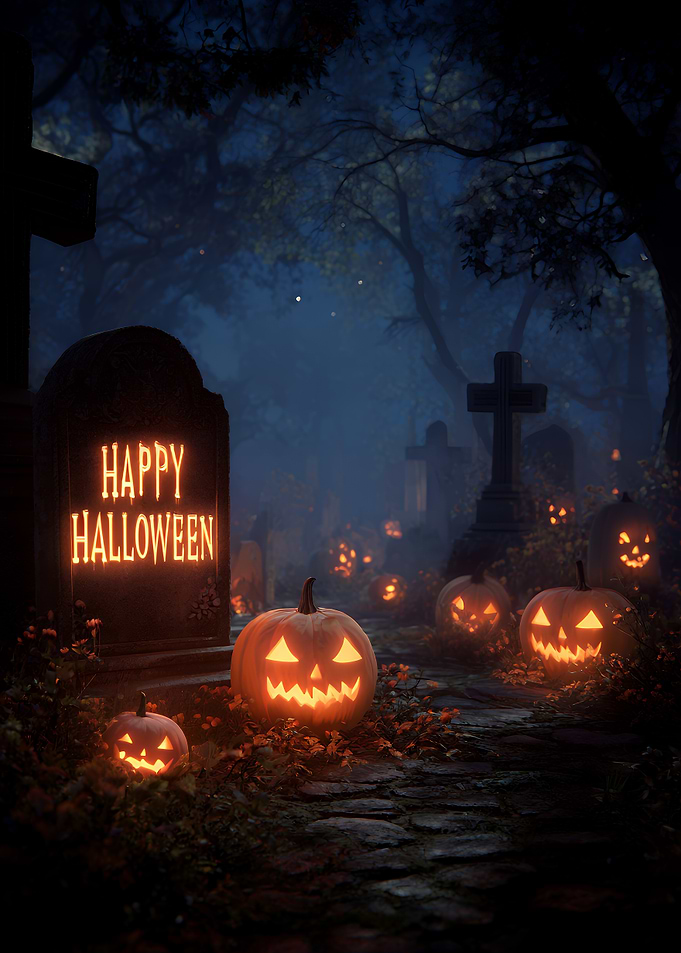 Halloween graveyard with glowing pumpkins