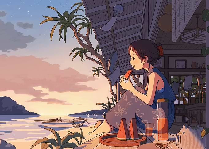 Girl eating watermelon by the sea