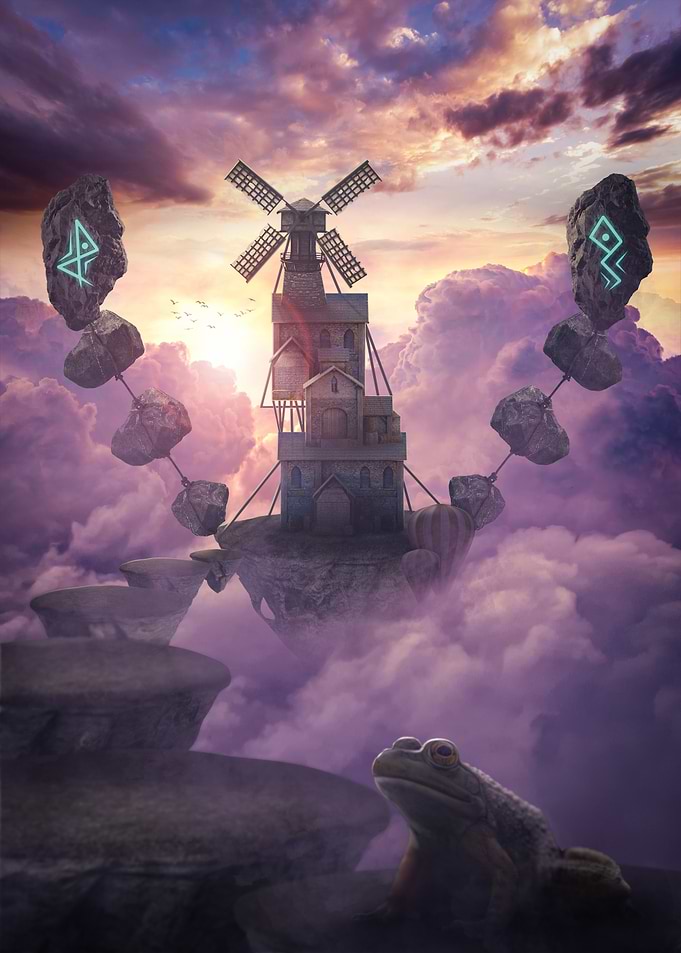 Fantasy Windmill in the Sky with Runes