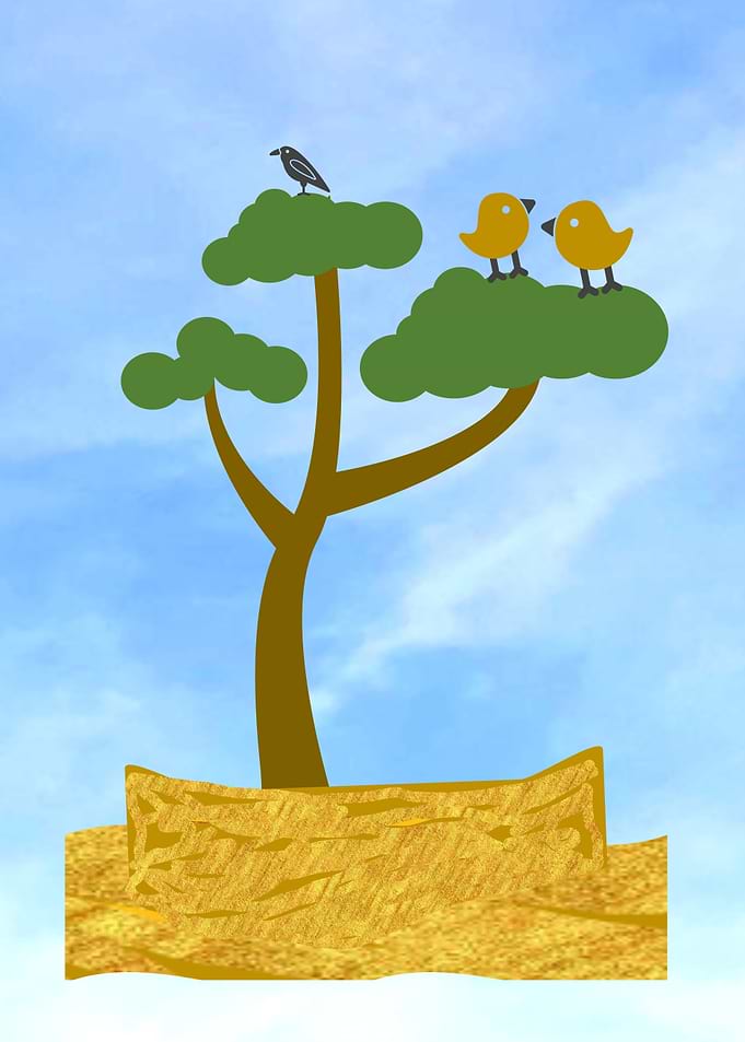 Cartoon Tree with Birds on Blue Sky