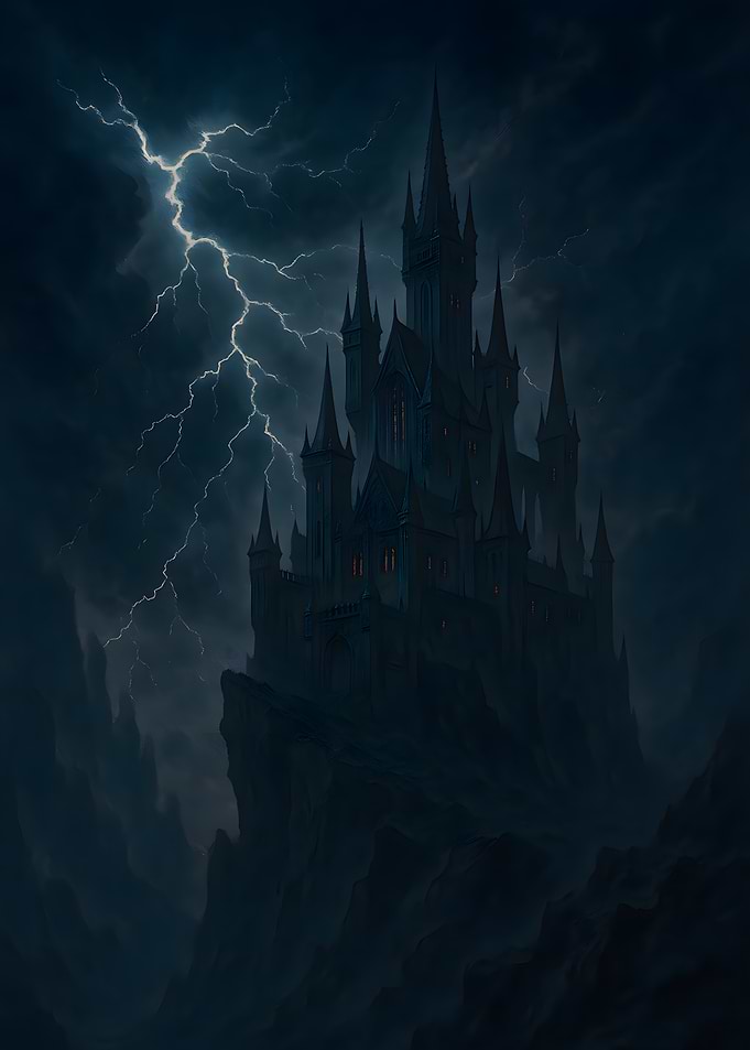 Dark Castle Under Lightning Storm