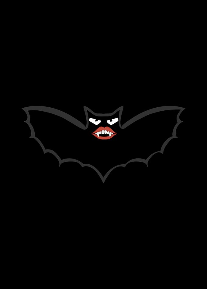 Cartoon Bat with Fangs on Black