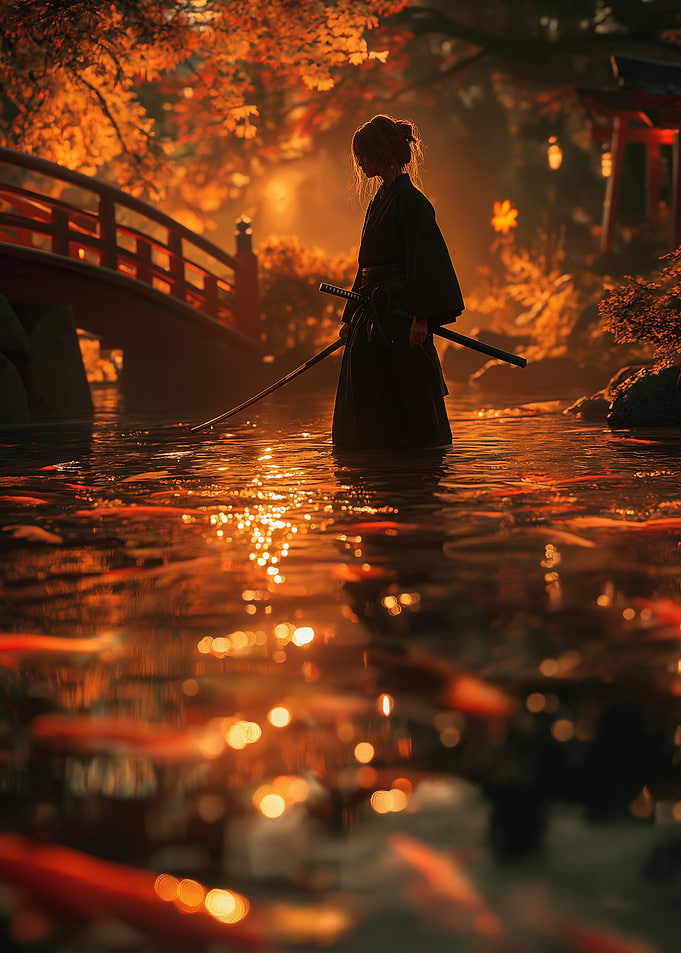 Samurai in Autumn Koi Pond