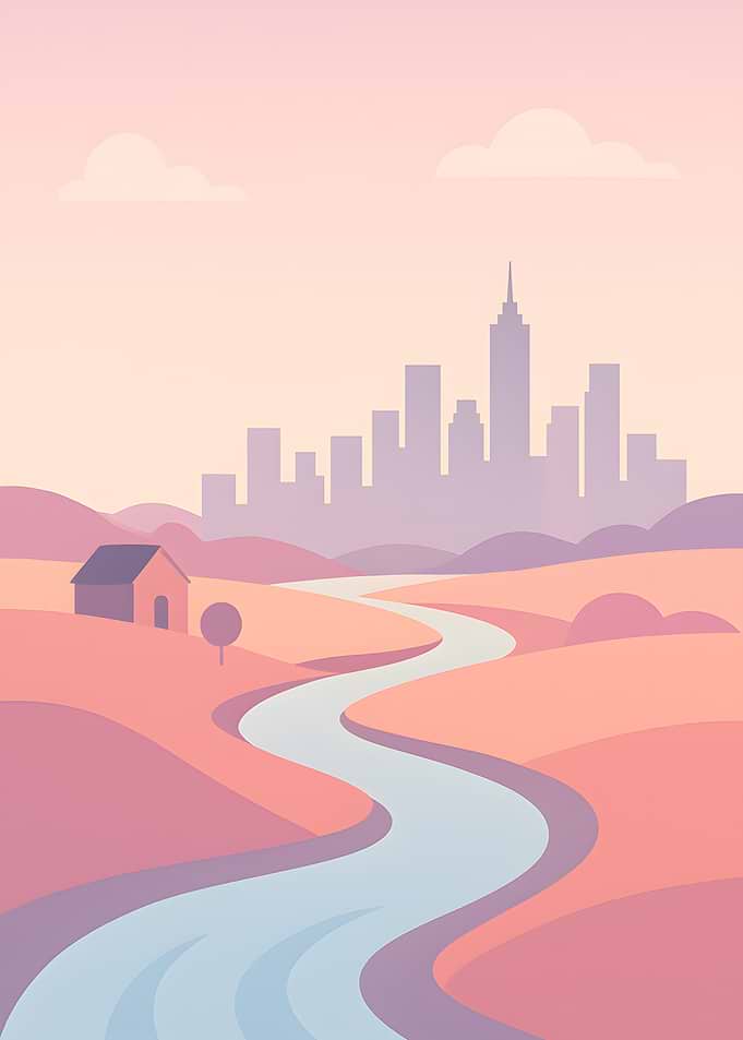 Pastel Landscape with City Skyline