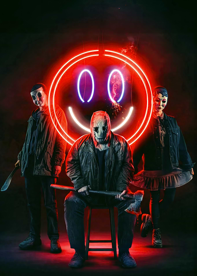 Masked Figures with Neon Smiley Face