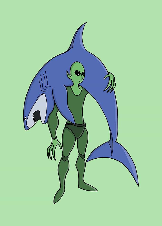 Alien carrying a shark cartoon