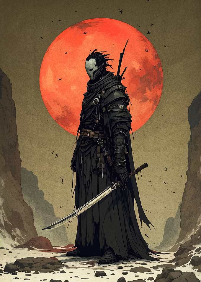Dark Warrior with Katana and Red Moon