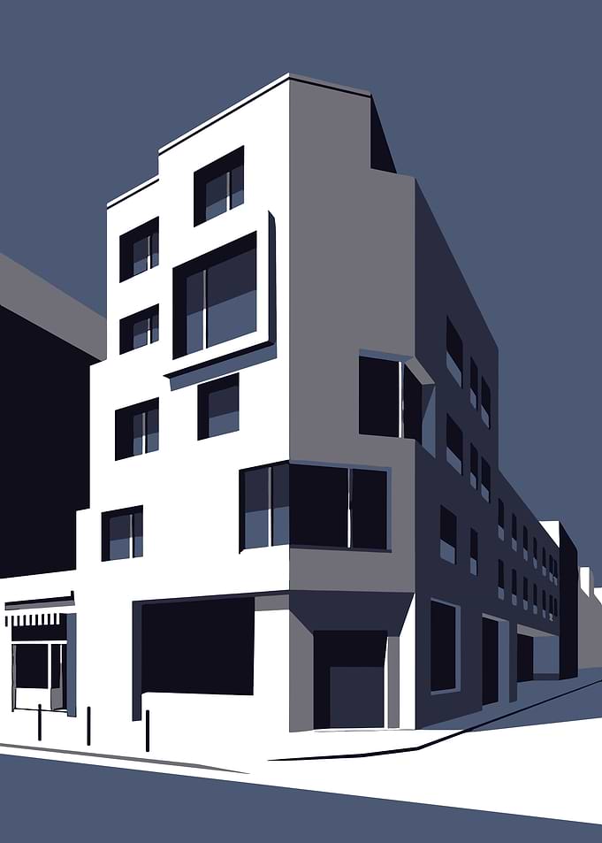 Modern Building Illustration in Blue and White
