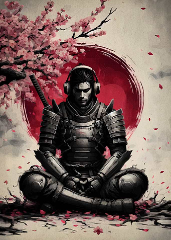 Samurai in Meditation with Headphones