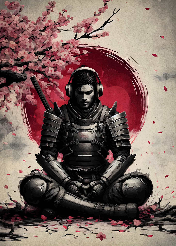 Samurai in Meditation with Headphones