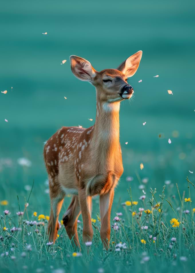 Fawn in a field of flowers