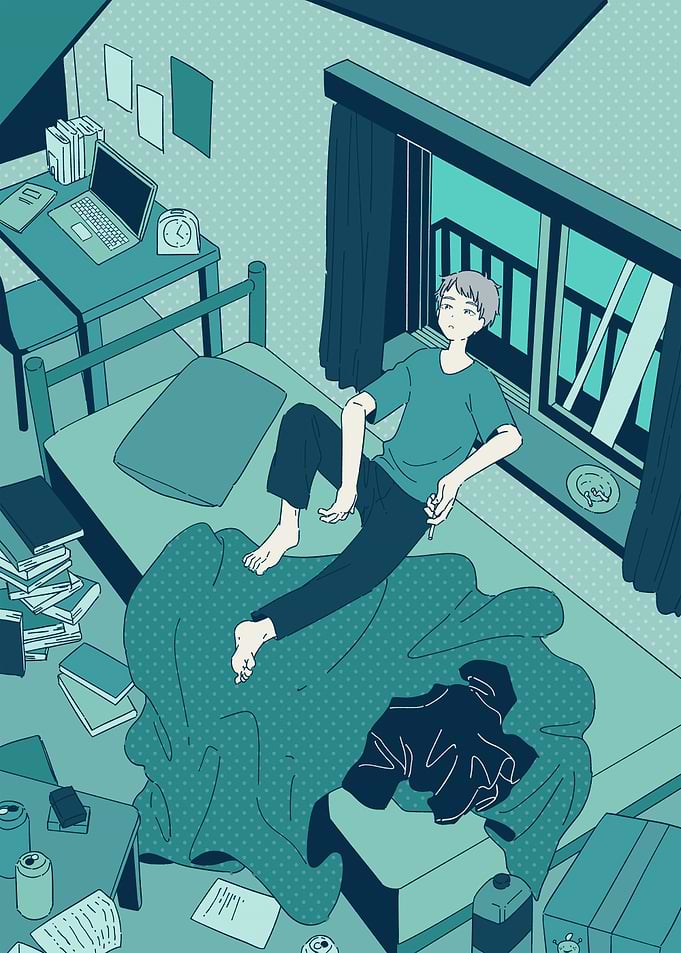 Teenager in messy room illustration