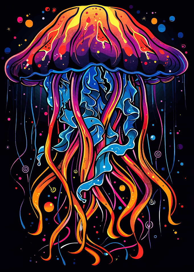 Colorful Jellyfish Illustration on Black Background
