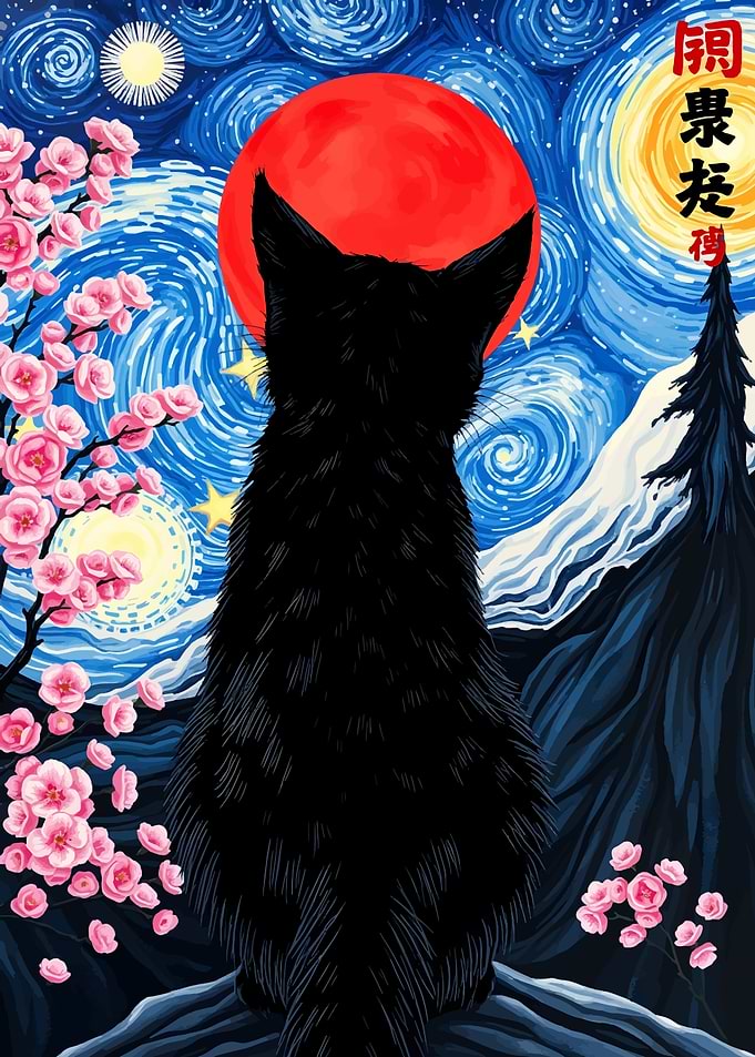 Black Cat Stargazing Van Gogh Style