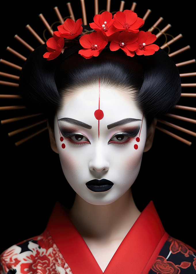 Geisha Portrait with Red and Black Accents