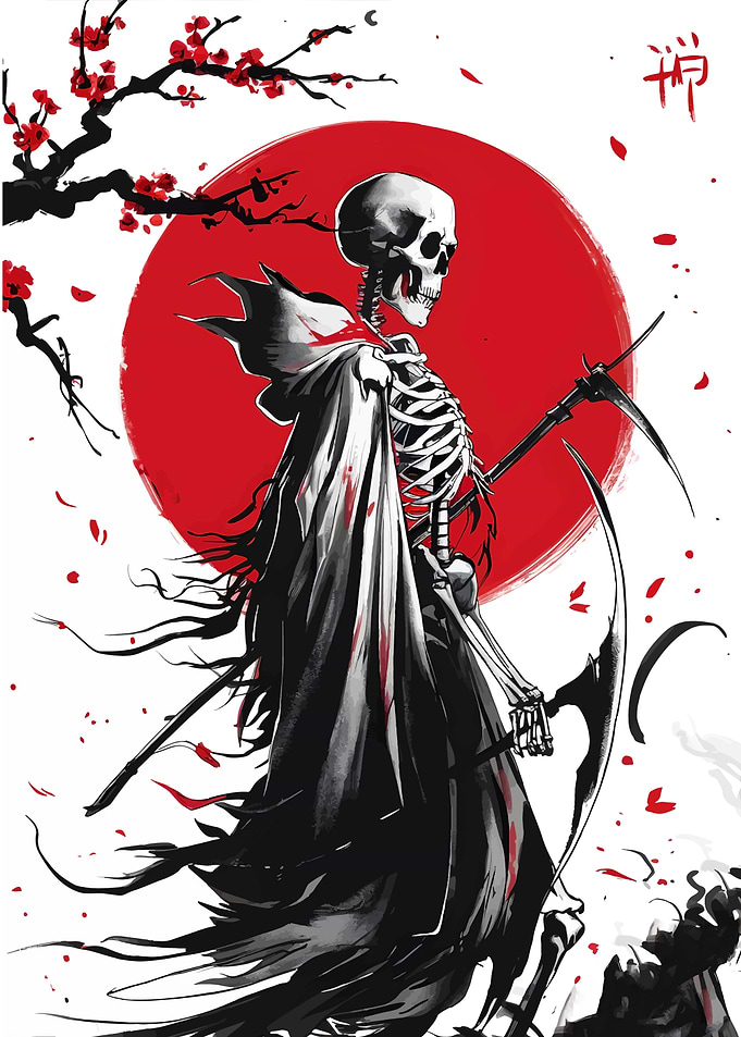 Grim Reaper with Scythe and Red Sun