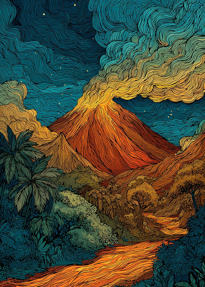 Volcanic Landscape with Flowing Lava River