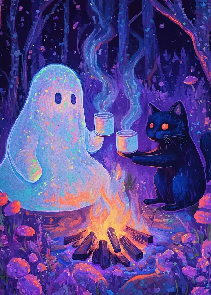 Ghost and Cat by Campfire