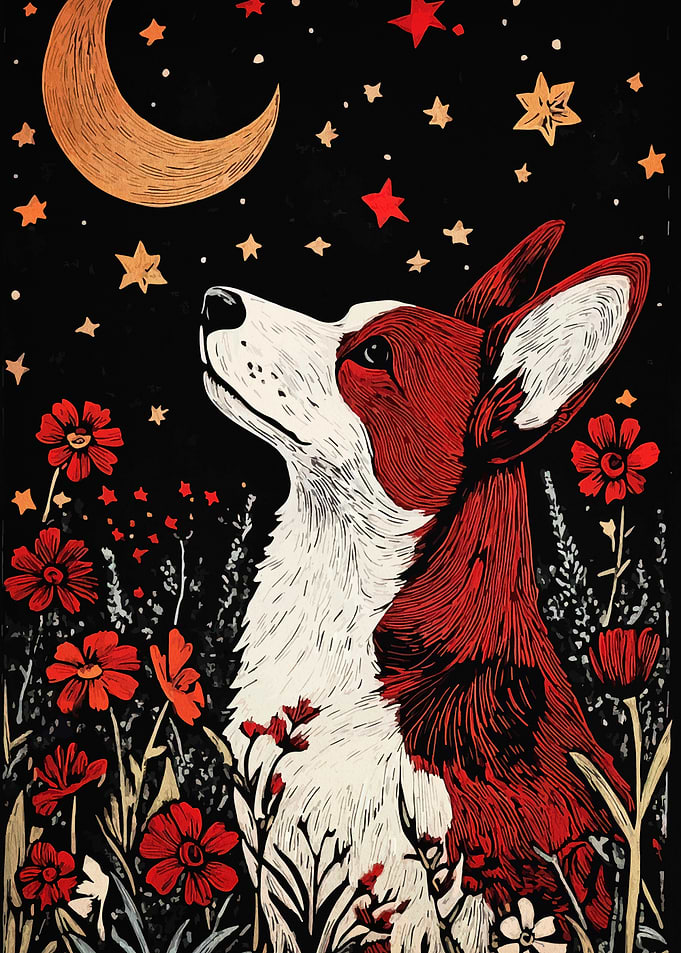 Dog, Moon, and Flowers Illustration