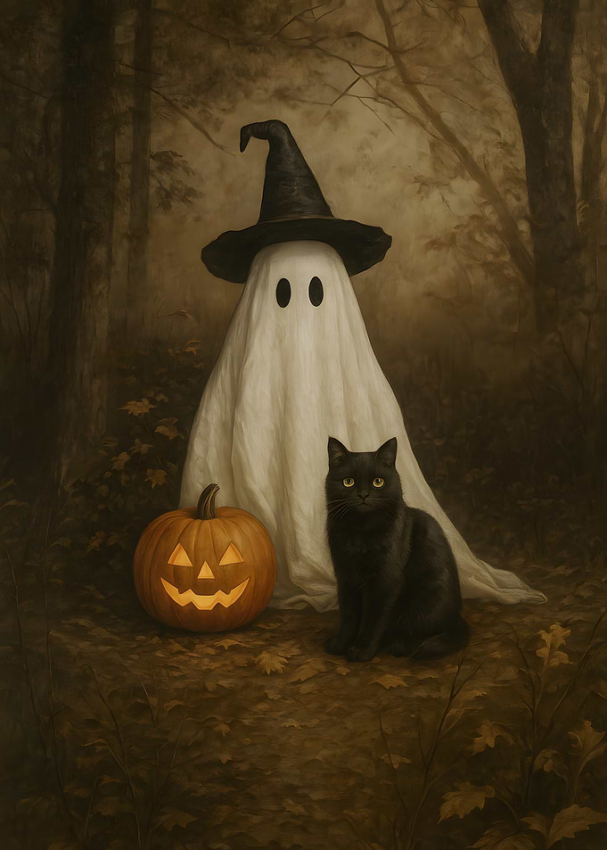 Halloween Ghost, Cat, and Pumpkin