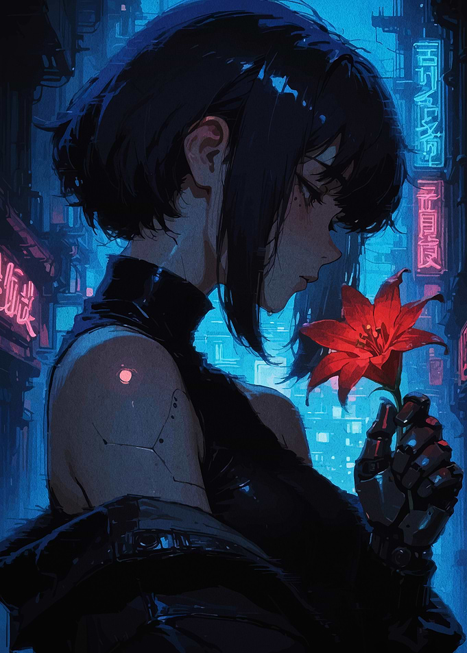 Cyberpunk Girl with Red Flower