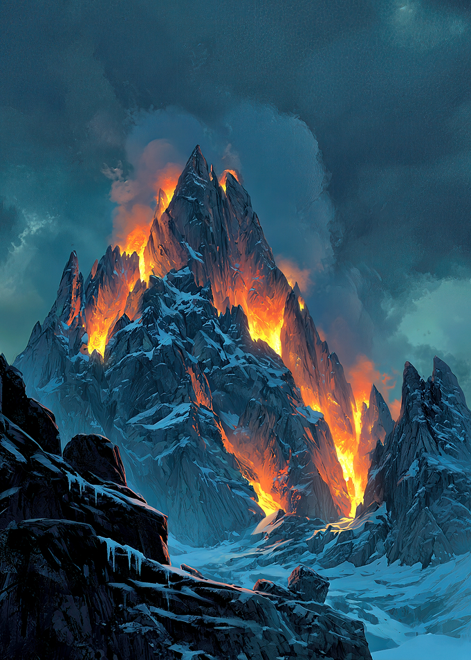 Fiery Mountain Peak Under Starry Sky